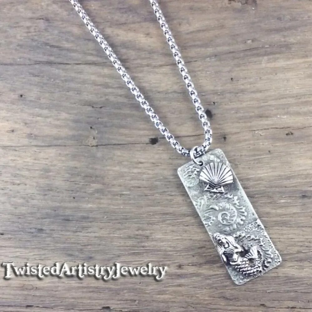 Mermaid, Sea Shell and Waves Seascape Rectangle Pendant Necklace - Picture 3 of 6
